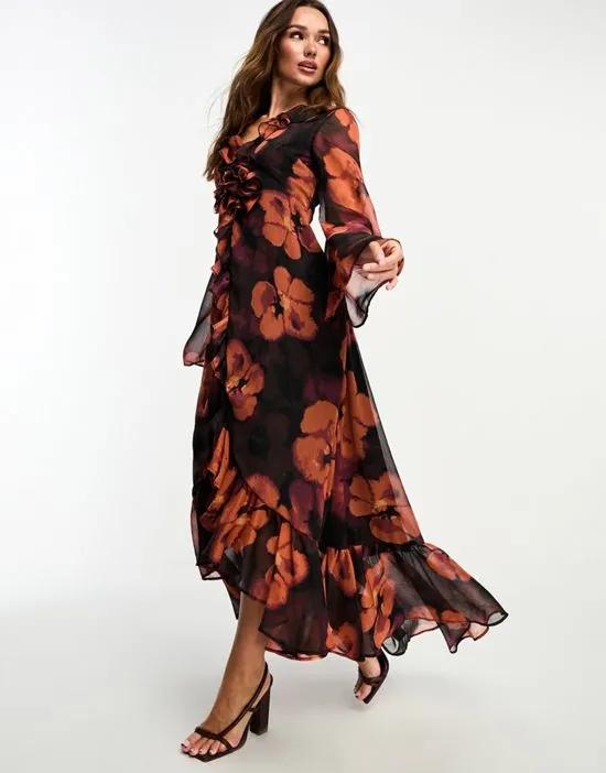 ruffle detail plunge maxi dress with corsage in rust floral print