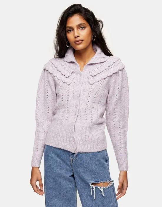 ruffle detail pointelle knitted cardigan in lilac