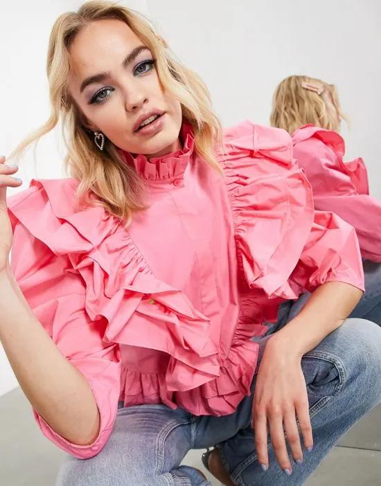 ruffle detail shirt with high neck in pink