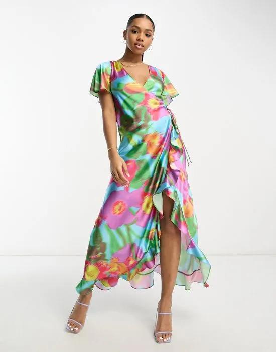 ruffle detail wrap satin maxi dress in large bold floral print