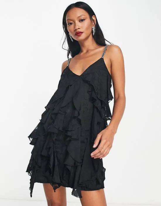 ruffle devore slip mini dress in black