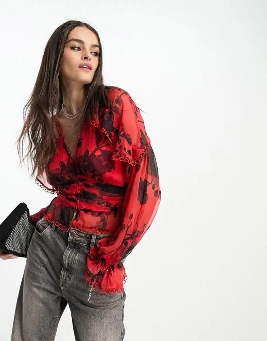 ruffle frill blouse with lace trim & pleat waist in red floral
