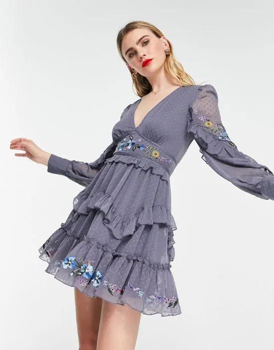 ruffle front mini tea dress with placement embroidery