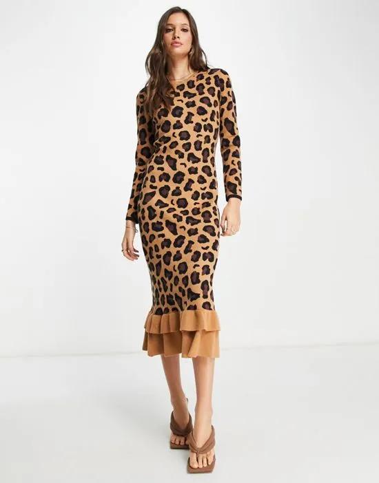 ruffle knit midi dress in leopard print