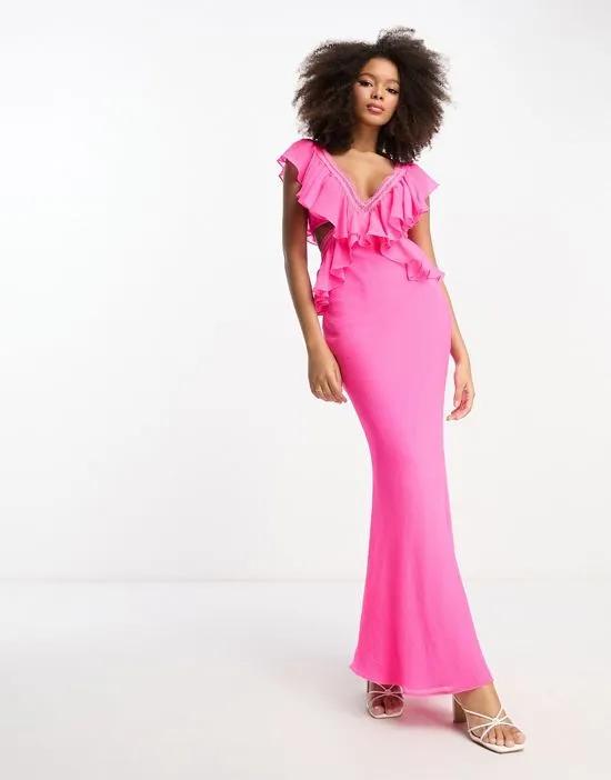 ruffle lace insert tiered cut out maxi dress in hot pink
