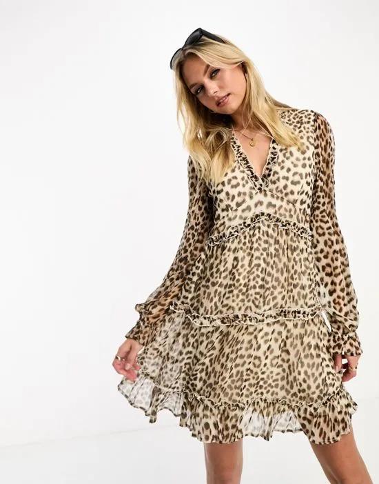 ruffle layered mini dress in leopard print