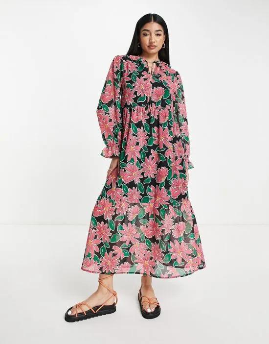 ruffle neck midi smock dress in bright floral