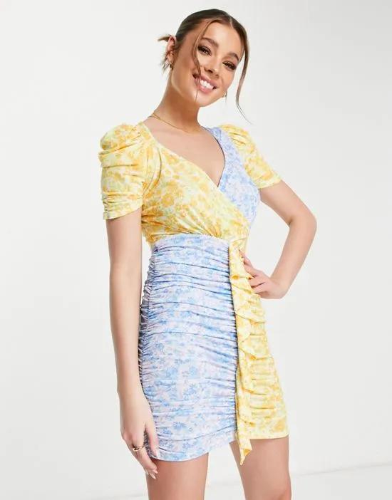 ruffle short sleeve mini dress in mix match floral print