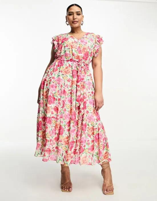 ruffle shoulder midi dress in pink floral