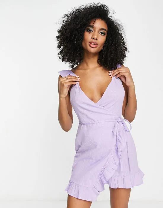 ruffle shoulder wrap mini dress in purple