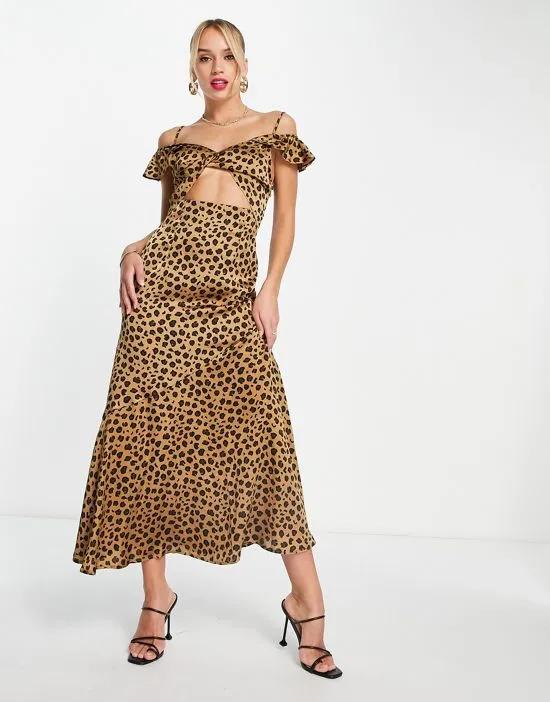 ruffle sleeve cut-out maxi dress in leopard