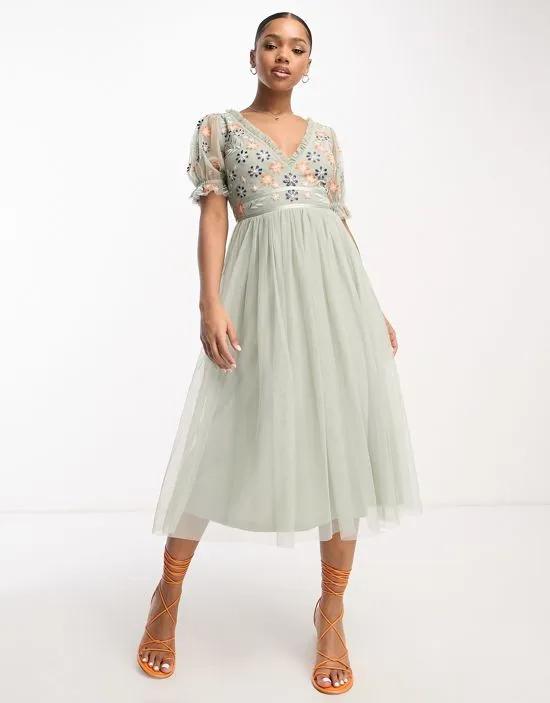 ruffle sleeve midi dress with embroidery in sage
