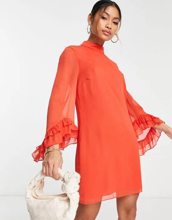 ruffle sleeve mini dress in orange