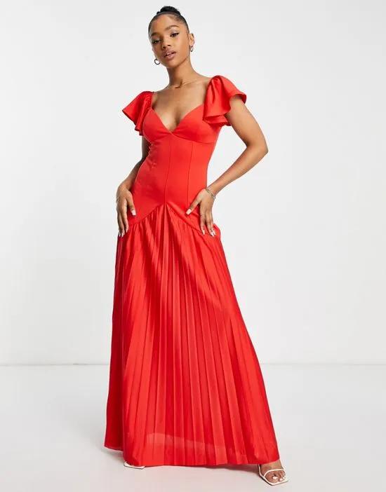 ruffle sleeve seamed pleated maxi dress in red