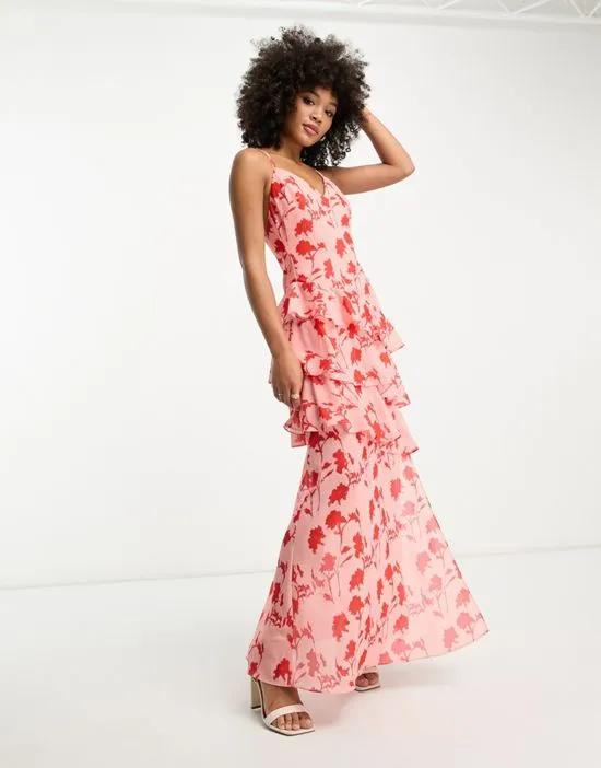 ruffle split maxi dress in pink and red floral