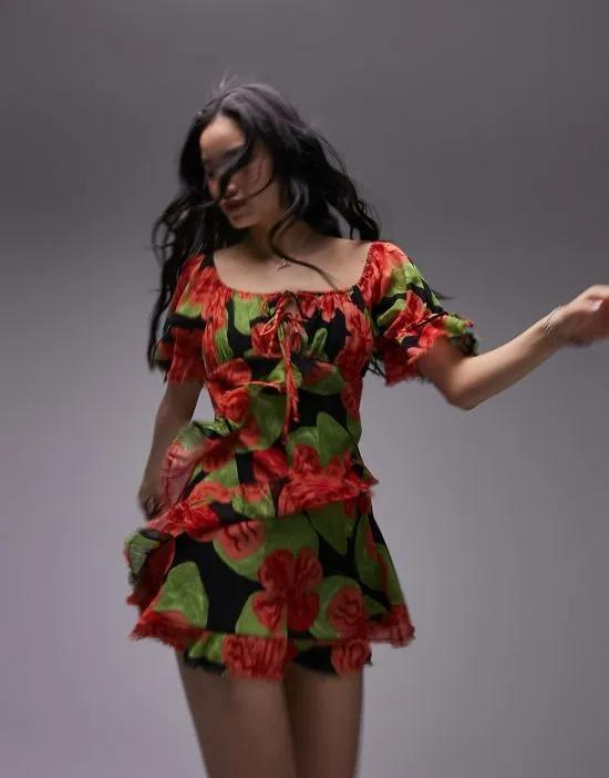 ruffle tea dress with raw seams in red floral print