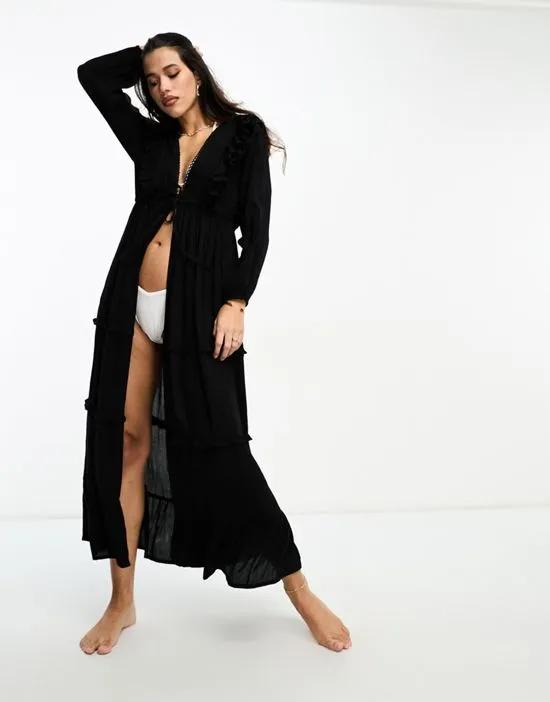 ruffle tie front tiered long sleeve maxi summer dress in black
