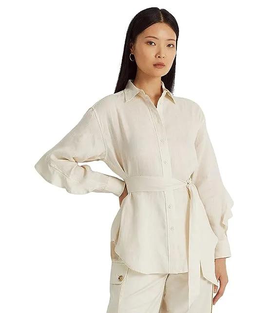 Ruffle-Trim Belted Linen Shirt