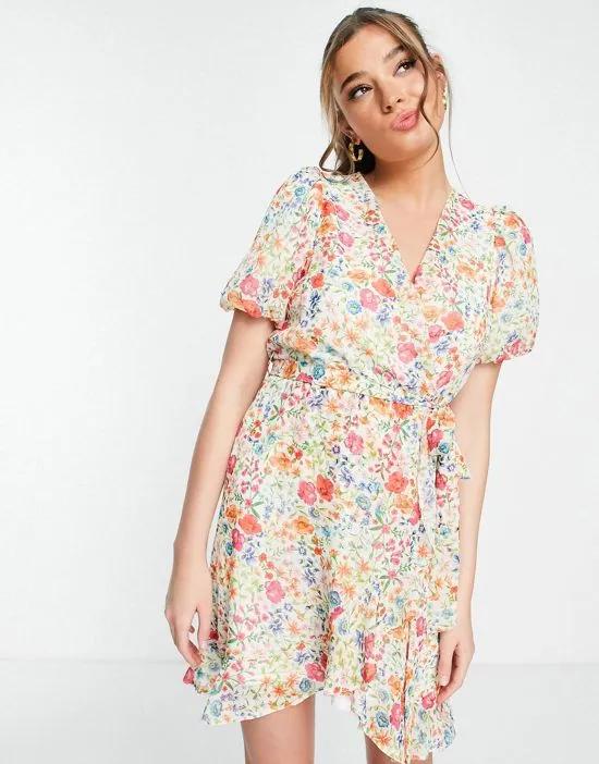 ruffle wrap dress with puff sleeves in floral print