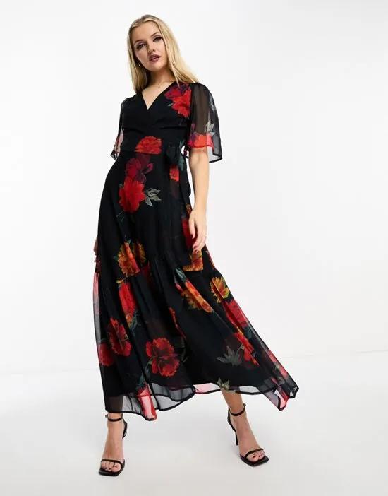 ruffle wrap maxi dress in red floral