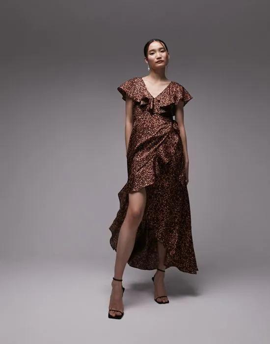 ruffle wrap midi dress in brown animal