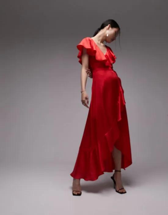 ruffle wrap midi dress in dark red