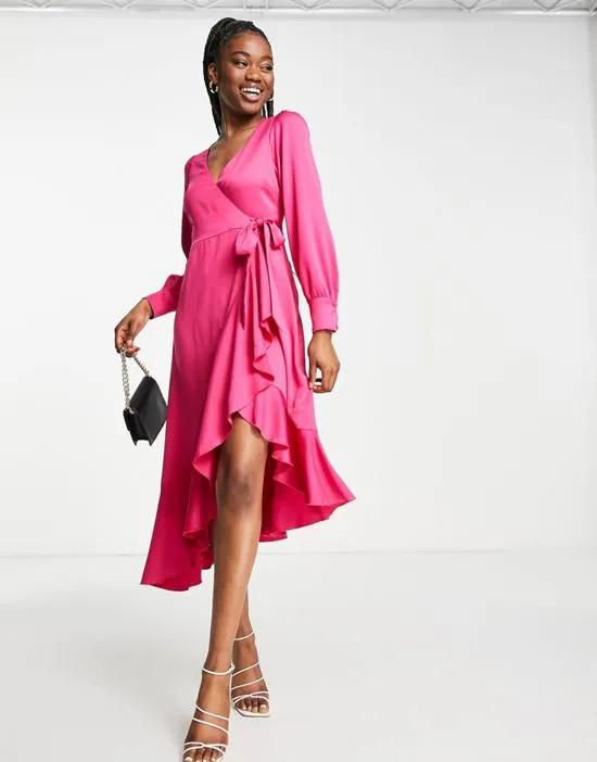 ruffle wrap midi dress in pink
