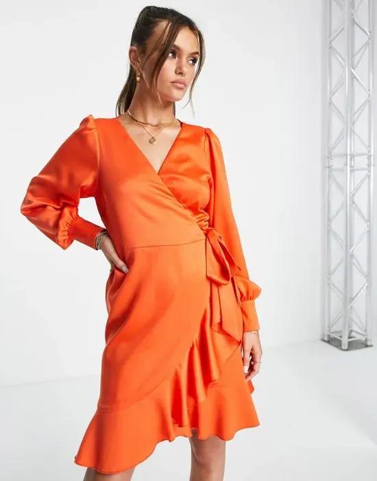 ruffle wrap satin mini dress in tangerine