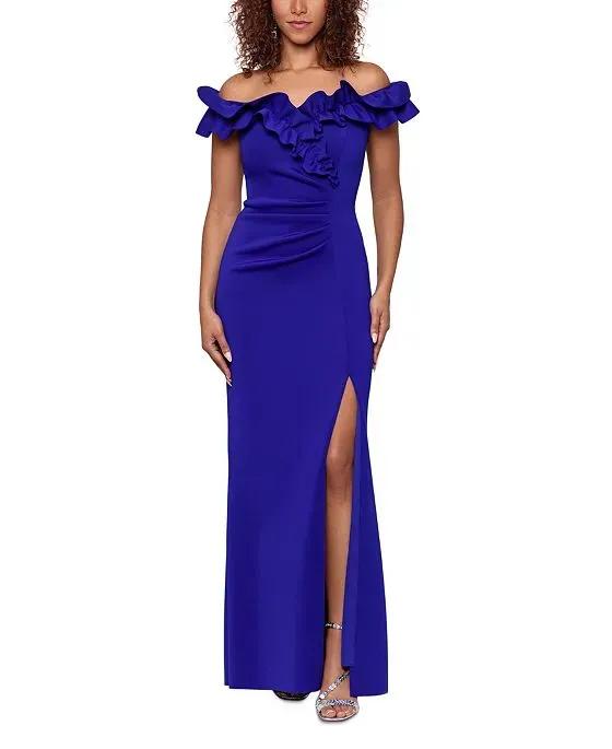 Ruffled Ruched Scuba Fit & Flare Gown