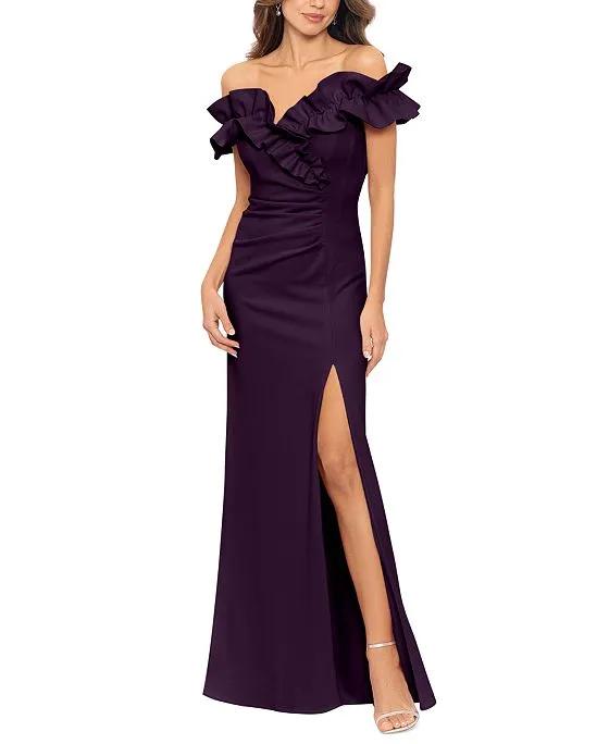 Ruffled Ruched Scuba Fit & Flare Gown