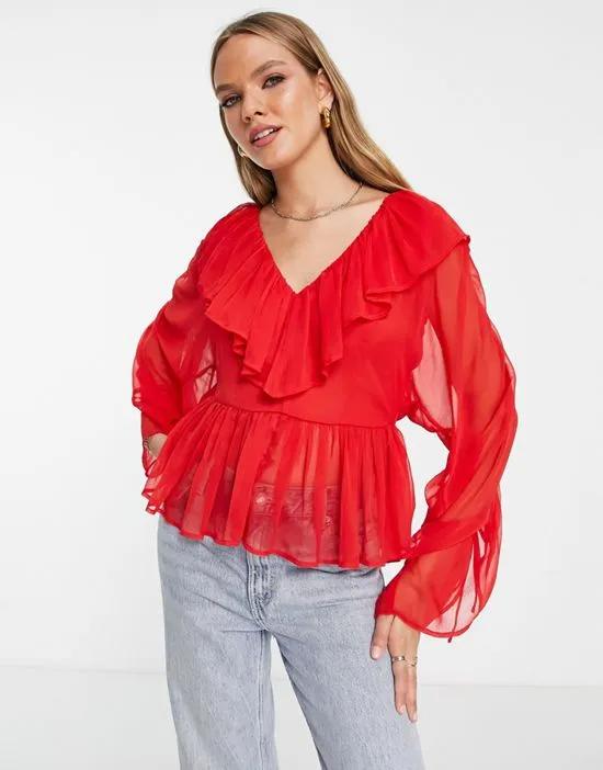 ruffled sheer blouse in red