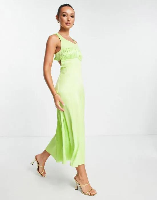 rushed bodice bow back satin midi dress in lime