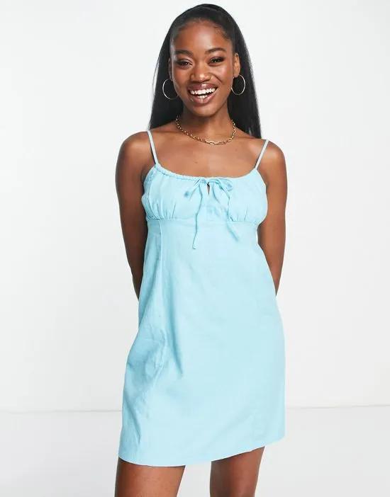 rustic ruched bust detail mini sun dress in baby blue