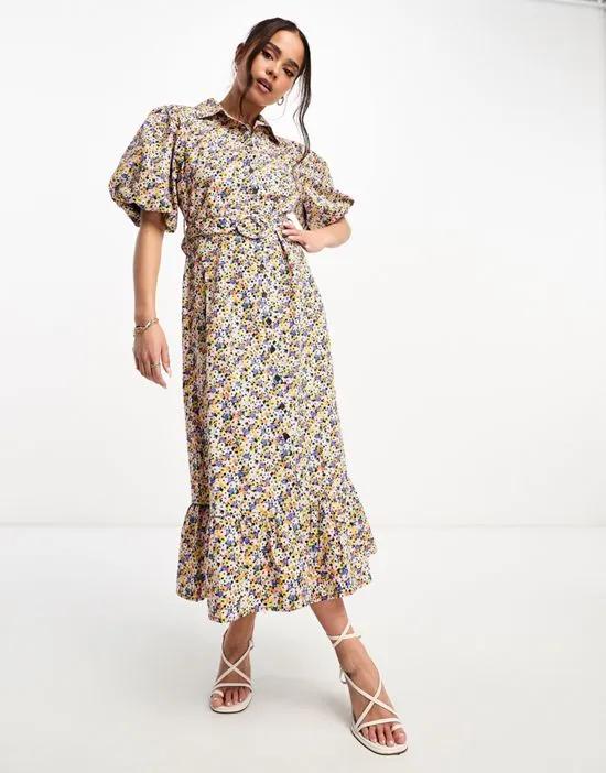 Samm puff sleeve belted midi dress in ditsy floral