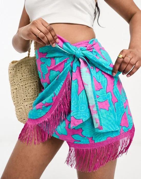 sarong wrap mini skirt with fringe in bold floral print