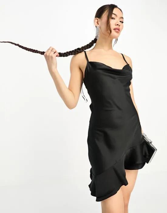 satin a-line mini dress in black