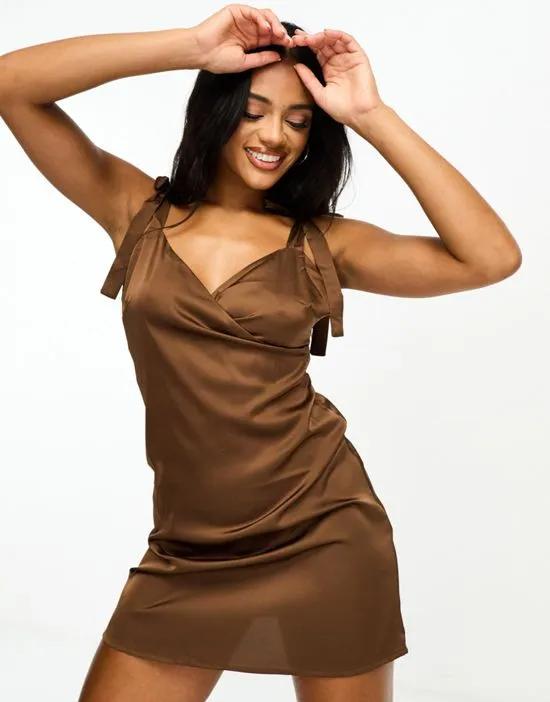 satin a-line wrap mini dress in brown