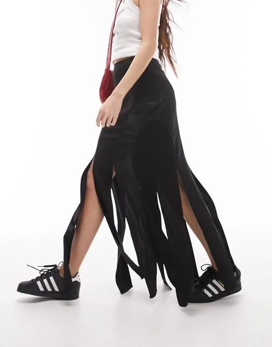 satin and crepe splice midi skirt in black