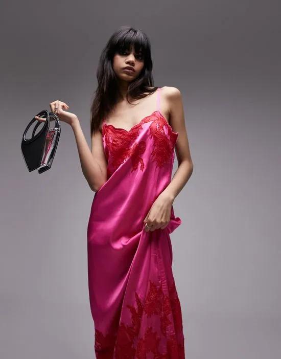 satin and lace cami midi dress in pink and red