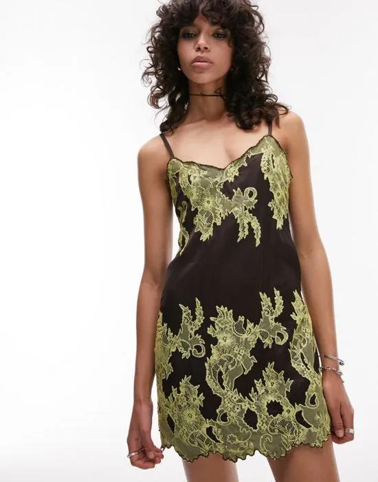 satin and lace cami mini dress in chocolate and lime