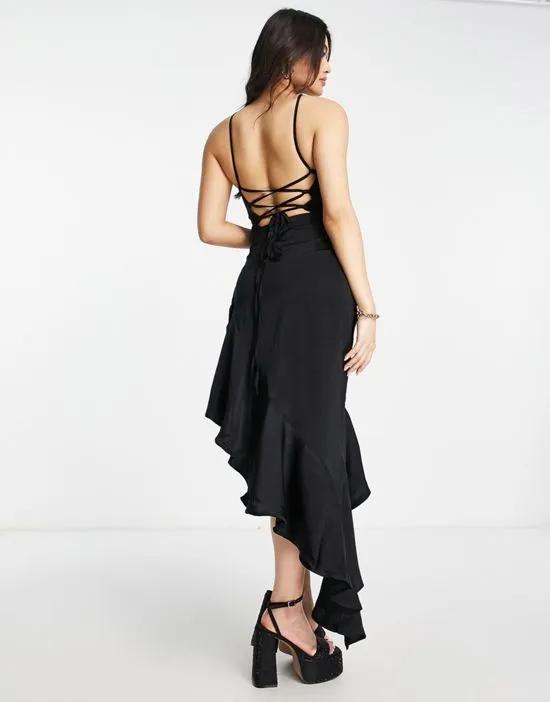Satin asymmetric cut dress with tie back detail in black