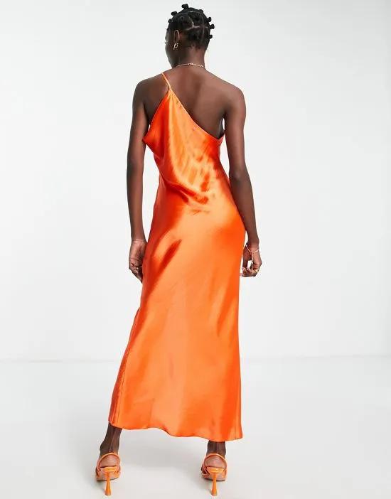 satin asymmetric neck maxi dress with slit in orange