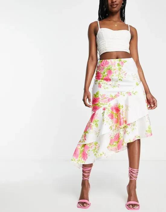 satin asymmetric ruffle midi skirt in rose floral print