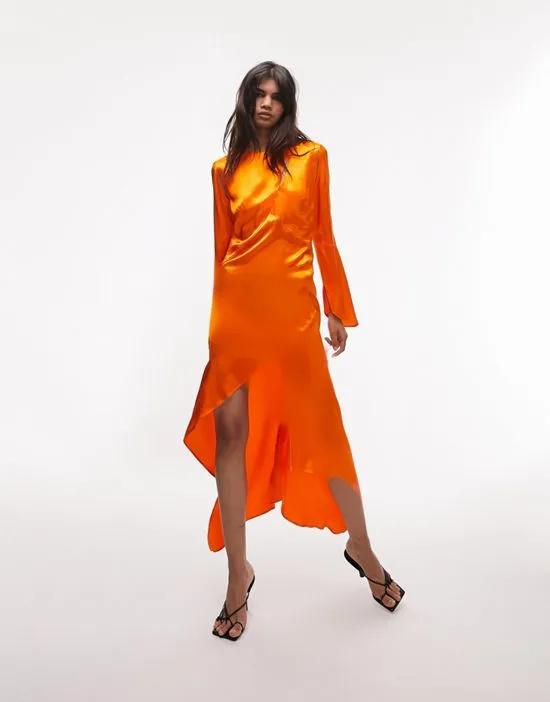 satin asymmetric slash detail midi dress in orange