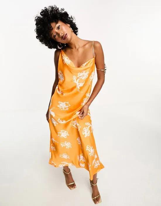 satin asymmetric strap cami maxi dress in orange print