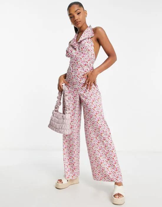 satin backless jumpsuit with collar in ditsy print