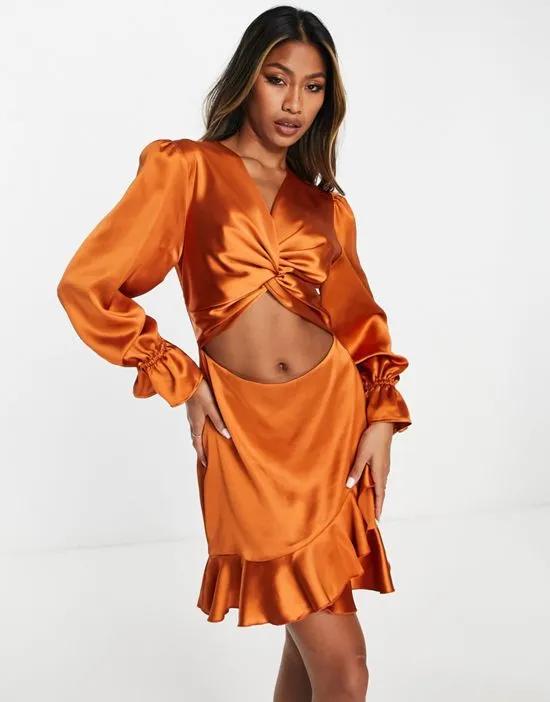 satin balloon sleeve mini dress with cut out and ruffle detail in burnt orange