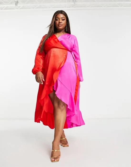 satin balloon sleeve ruffle midi dress in contrast pink and red