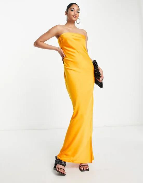 satin bandeau maxi dress with cowl back in orange