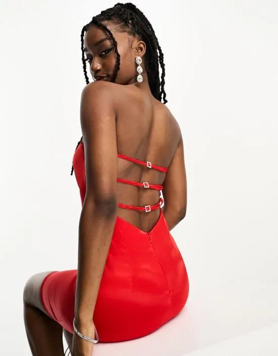 satin bandeau mini dress with back detail in red